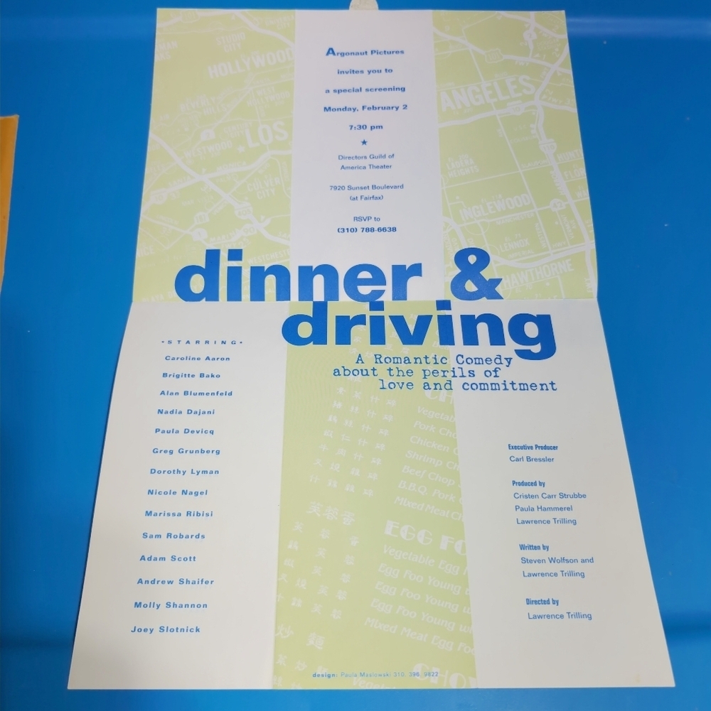 Dinner & Driving Movie Premiere Invitation 1997 Joey Slotnick Paula Devicq - Picture 1 of 4